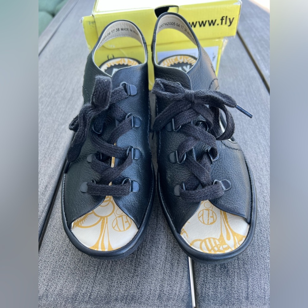 NIB FLY London 38/8 Leather Lace-Up Wedge Sandals Ylfa Black